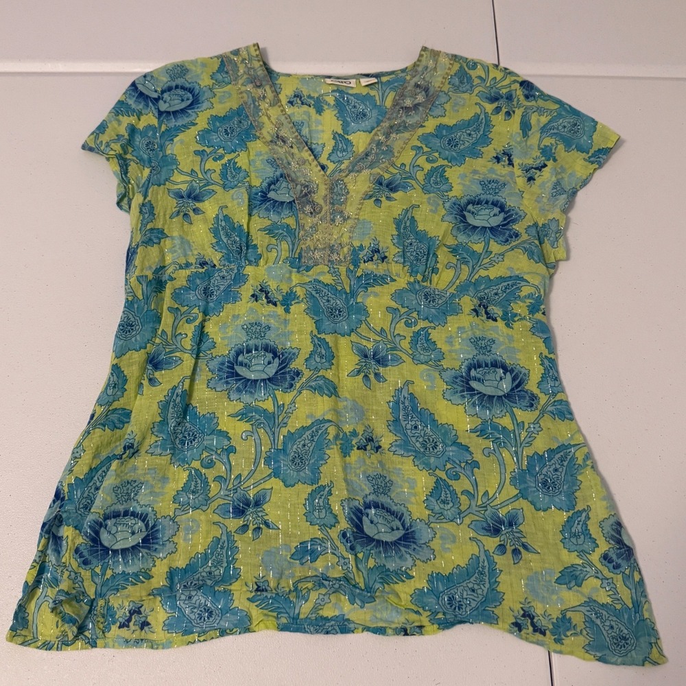 Cato XL Paisley Floral Beaded V-Neck Empire Waist Blouse Lime Green Blue Boho kk